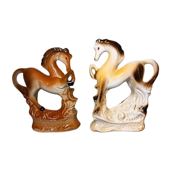 Vintage SET OF 2 Prancing Horse Lusterware Figurines Brown Cream Ceramic Brazil - Picture 1 of 5